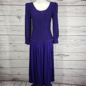 Sarah Elizabeth Vintage Purple Rayon Pearl Detail Long Sleeve Dress Size 8